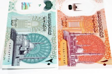 Mısırlı yeni polimer para banknotları nakit para banknotları arka planda Mısır 20 EGP LE 20 pound ve 10 pound Mohamed Ali ve Al-Fatah yeni başkent büyük camii camileri yer almaktadır