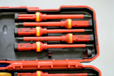 Kahire, Mısır, 26 Temmuz 2023: Tolsen Tornavida Seti, Torx, Phillips, Pozidriv, Slotted and Single-Pole tornavidaları, profesyonel kaliteli el aletleri ve ilgili donanım ürünleri