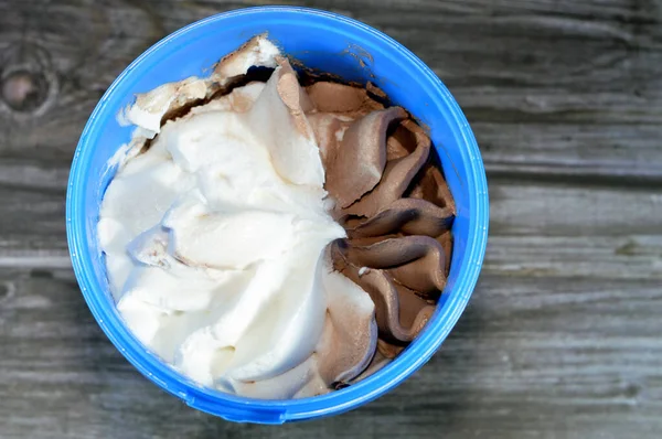 Παγωτό Σοκολάτας Και Βανίλιας Πλαστικό Μπωλ Που Απομονώνεται Ξύλινο Φόντο — Φωτογραφία Αρχείου
