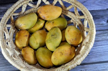 Pile of Egyptian fresh mango fruit with tropical delicacy, mangoes are nutritionally rich fruit with distinctive flavor, smell, taste, selective focus of Awaisy or Ewes Mango fruit isolated on wood