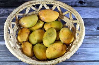 Pile of Egyptian fresh mango fruit with tropical delicacy, mangoes are nutritionally rich fruit with distinctive flavor, smell, taste, selective focus of Awaisy or Ewes Mango fruit isolated on wood