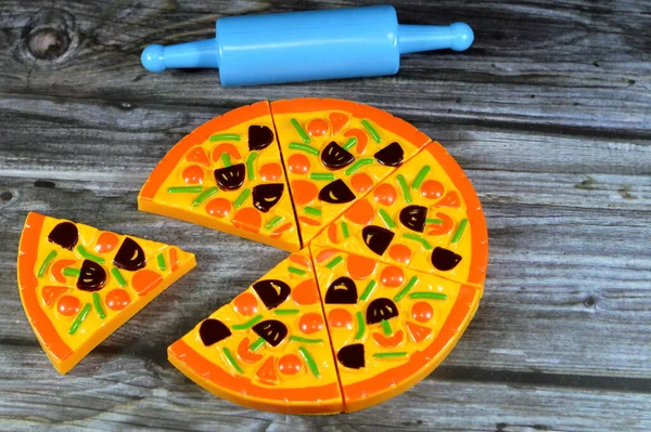 Uppsättning Pizza Leksak För Barn Skivor Overklig Pizza För Att — Stockfoto