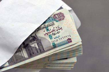 100 EGP LE 2023 Mısır para birimi yığını 100 Mısır pound banknot, harcama, para verme ve kullanma, ödeme ve satın alma Sultan Hasan camisi ve Sfenks ile banknotlar kullanarak