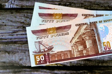 50 LE 50 £50 Mısır banknot serisi 2001 bir görüntü Edfu, kanatlı bok böceği ve bir firavun tekne, seçici Mısır para faturası, eski vintage retro