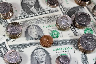 Amerikan dolarları banknotlar ve paralar, antika eski Amerika Birleşik Devletleri para arkaplanı, döviz kuru, ekonomi konsepti, enflasyon krizi farklı dönemler ve dönemler