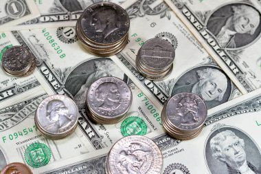 Amerikan dolarları banknotlar ve paralar, antika eski Amerika Birleşik Devletleri para arkaplanı, döviz kuru, ekonomi konsepti, enflasyon krizi farklı dönemler ve dönemler