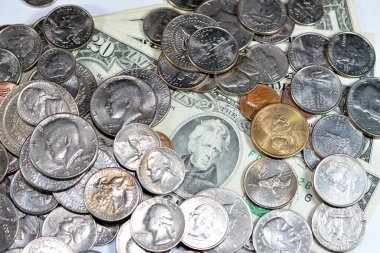 Amerikan dolarları banknotlar ve paralar, antika eski Amerika Birleşik Devletleri para arkaplanı, döviz kuru, ekonomi konsepti, enflasyon krizi farklı dönemler ve dönemler