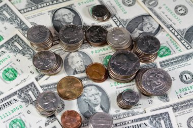 Amerikan dolarları banknotlar ve paralar, antika eski Amerika Birleşik Devletleri para arkaplanı, döviz kuru, ekonomi konsepti, enflasyon krizi farklı dönemler ve dönemler