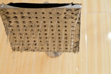 Douche shower water sprayer used in the bathroom for showering with plenty of water flowing through it, overhead flow, save water, leakage, water outage, fixation, maintenance concept