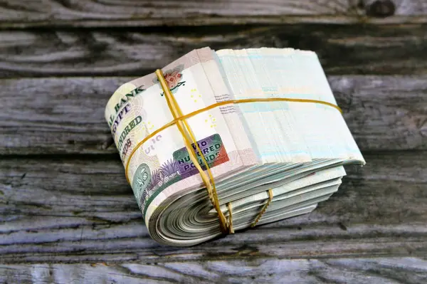 Folded Egyptian money isolated on wooden background, 200 LE 100 EGP LE, two hundred  and one hundred Egyptian pounds cash money bills folded up with rubber bands, exchange rate of Egyptian currency