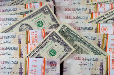 Mısır yığınları ve yığınları para binlerce pound nakit banknotlar 200 EGP LE, Mısır para döviz kuru ve Amerikan dolarları banknotlar, ekonomi durumu, para kavramı