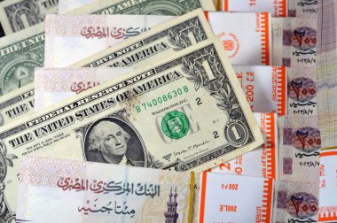 Mısır yığınları ve yığınları para binlerce pound nakit banknotlar 200 EGP LE, Mısır para döviz kuru ve Amerikan dolarları banknotlar, ekonomi durumu, para kavramı