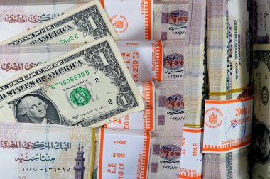 Mısır yığınları ve yığınları para binlerce pound nakit banknotlar 200 EGP LE, Mısır para döviz kuru ve Amerikan dolarları banknotlar, ekonomi durumu, para kavramı
