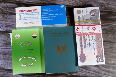 Kahire, Mısır, 4 Aralık 2023: Nimenrix aşısı, Mısır parası, Mısır pasaportu ve aşı kartı, Heath, Hac ve Umrah 'ın koruyucu hekimliğinden alınan sağlık talimatları