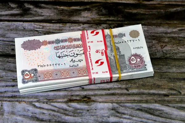 Egypt money stack of pounds isolated on wood background, pile of 50 EGP LE fifty Egyptian pounds cash money bills with a image of Abu Hurayba Mosque, temple of Edfu and winged scarab, selective focus