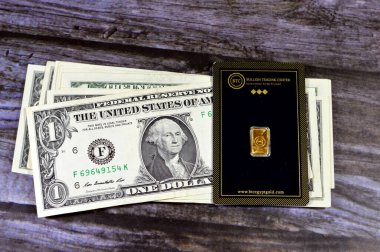 Kahire, Mısır, 2 Ocak 2024: Amerikan doları ve 24 bin karat BTC Bulyon Ticaret Merkezi saf sarı altın 1 gram bar, altın yatırım, döviz kuru, enflasyon krizi ve tasarruf varlıkları