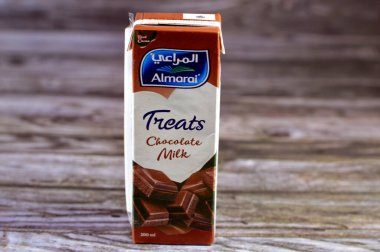 Kahire, Mısır, 2 Ocak 2024: Almarai Çikolata Lezzetli Süt Muamelesi, kakao katılarını sütle karıştırmak, kakao tozu karışımları içmek ve daha tatlandırıcı, seçici bir odaklanma ile yapılan bir çeşit aromalı süt.