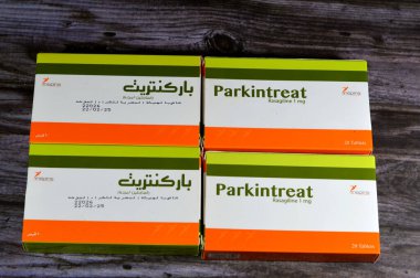 Kahire, Mısır, 15 Ocak 2024: Parkintreat 1 mg Rasagiline, idiyopatik Parkinson hastalığı PD 'nin levodopa ya da levodopa olmadan ya da levodopa ile ek terapi olarak gösterilmiştir. 