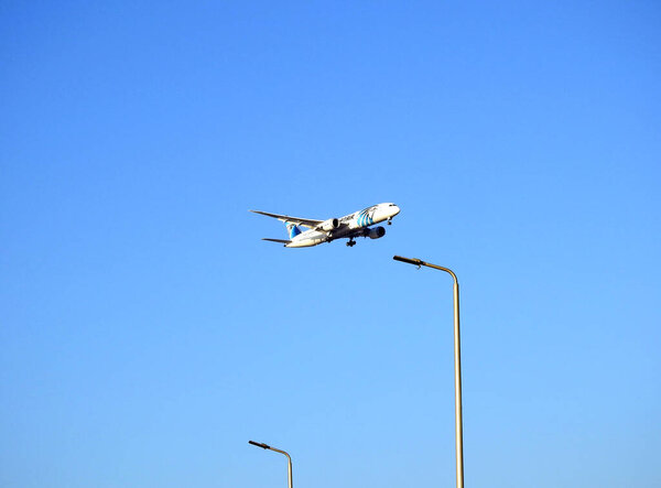Cairo, Egypt, January 6 2024: Egyptair plane in the air, Egypt Air  is the state-owned flag carrier of Egypt, headquartered at Cairo International Airport, a member of Star Alliance, founded 1932