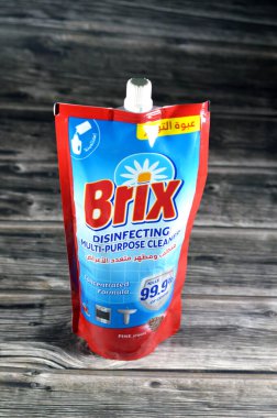 Kahire, Mısır, Şubat 12024: Tuğla dezenfekte etme, çok amaçlı temizlik, konsantre formül, çam kokusu, mikropları öldürme, evdeki temizlik amaçlı, mutfak ve banyo temizliği