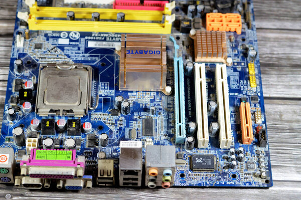 Cairo, Egypt, February 9 2024: Gigabyte main board computer motherboard FSB 1066 supports Core 2 Duo processor, Gigabyte is a Taiwanese manufacturer and distributor of computer hardware, Gigabyte Tech