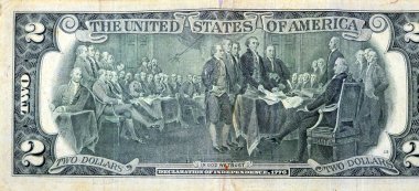 2 dolarlık banknot serisinin büyük bir kısmı 1976 Trumbull 'un bağımsızlık ilanı, eski Amerikan para banknotu, klasik retro, Amerika Birleşik Devletleri