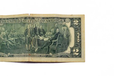 2 dolarlık banknot serisinin ters tarafı 1976 Trumbull 'un bağımsızlık ilanı, eski Amerikan para banknotu, klasik retro, Amerika Birleşik Devletleri, seçici odaklı