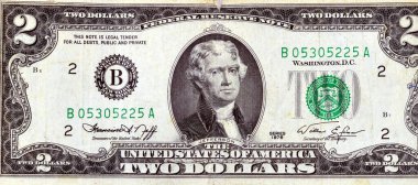 2 dolarlık banknot serisinin Obverse kısmının büyük bir kısmı 1976 'da Başkan Thomas Jefferson' ın portresi, eski Amerikan para banknotu, klasik retro, Amerika Birleşik Devletleri