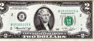 2 dolarlık banknot serisinin Obverse kısmının büyük bir kısmı 1976 'da Başkan Thomas Jefferson' ın portresi, eski Amerikan para banknotu, klasik retro, Amerika Birleşik Devletleri