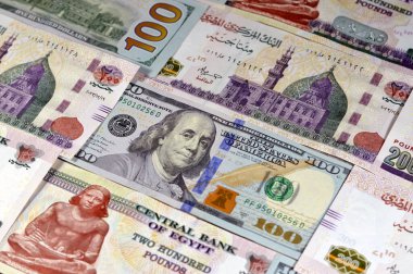 100 dolar Amerikan doları ve 200 EGP LE banknotları, Mısır ve Amerika Birleşik Devletleri döviz kuru, enflasyon ve ekonomi konsepti