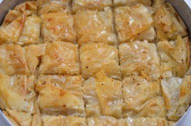 Bir tepsi baklava, fındık, kuru üzüm ve hindistan cevizi ile doldurulmuş tatlı, ve bal şekeri şurubuyla ıslanmış, Doğu Türk ve Mısır baklaası Ramazan tatlısı