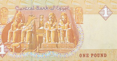 1 LE EGP 'nin büyük bir ters tarafı. Bir Mısır sterlin para banknotu. Abu Simbel' deki Büyük Tapınak 'ın ana girişi.
