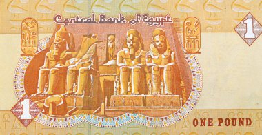 1 LE EGP 'nin büyük bir ters tarafı. Bir Mısır sterlin para banknotu. Abu Simbel' deki Büyük Tapınak 'ın ana girişi.