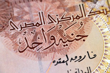 1 LE EGP 'nin ters tarafındaki detaylar bir Mısır pound para banknotunda Mısır merkez bankasının sol tarafındaki Sultan Qaitbay camii, Ebu Simbel' deki Büyük Tapınak tersten görülüyor.
