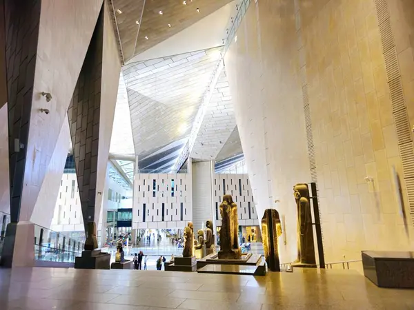 stock image Giza, Egypt, April 13 2024: Monuments inside The Grand Egyptian Museum GEM, Giza Museum, Egypt's gift to the world, the largest archaeological museum in the world, near the Giza pyramid complex