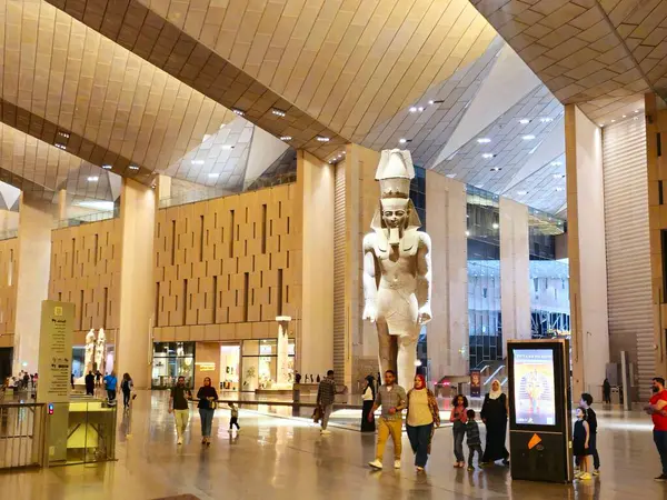 stock image Giza, Egypt, April 13 2024: Monuments inside The Grand Egyptian Museum GEM, Giza Museum, Egypt's gift to the world, the largest archaeological museum in the world, near the Giza pyramid complex