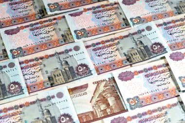 A pile of Egyptian money banknotes of 50 LE fifty pounds features Abu Hurayba Mosque on obverse side and n image of temple of Edfu, winged scarab and a pharaonic boat on the reverse, old series clipart