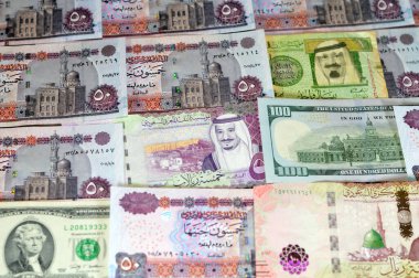 Amerikan doları, Suudi Arabistan parası Kral Salman Bin AbdulAziz El Suud dönemi ve Mısır para bozdurma oranı, Suudi ve Mısır 'a ait banknotlar.