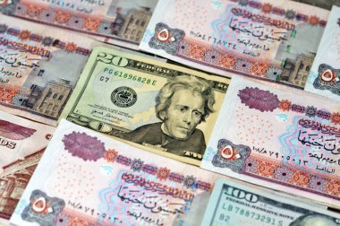 Mısır para yığını 50 EGP LE 50 Mısır Pound banknotları ABD dolar banknotları, Mısır ve ABD döviz kuru, Mısır ekonomisi durum kavramı