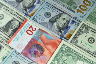 İsviçre nakit parası İsviçre frangı ve Amerika Birleşik Devletleri para banknotları, Amerikan doları ve İsviçre frangı CHF döviz kuru, para değeri, enflasyon, büyüme ve ekonomik konsept