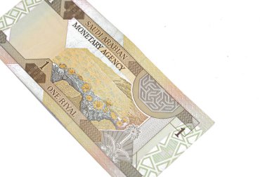 Eski bir Suudi Arabistan banknotunun ters tarafı, 1 Riyal SAR manzarası ve bir palmiye ağacının altında iki kılıçtan oluşan Suudi Arabistan ulusal amblemi, Eski Vintage Kralı Fahd Suudi riyal