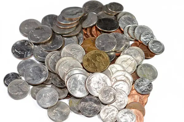 stock image Pile of American coins of 1 cent, 5, 10, 25 cents quarter and one dollar, Vintage retro old American money background, United States of America dollars change coins, United States of America change