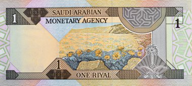 Eski bir Suudi Arabistan banknotunun ters tarafının büyük bir parçası, bir Riyal SAR manzarası ve bir palmiye ağacının altında iki kılıçtan oluşan Suudi Arabistan ulusal amblemi yer alıyor.