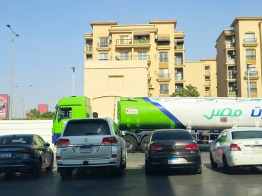 Cairo, Egypt, August 12 2024: Emarat Misr large tanker car ready for refueling the petrol station, fueling the tankers of the station with the petroleum products in Emarat Masr gas and oil station clipart