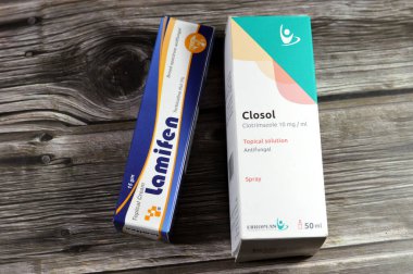 Kahire, Mısır, 29 Eylül 2024: Mantar önleyici, Lamifen krem terbinafin HCL ve Closol clotrimazol 10 mg topikal çözelti spreyi, Tinea gibi mantar enfeksiyonunun tedavisi için
