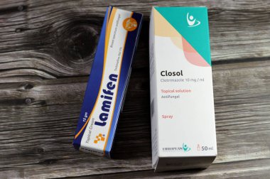 Kahire, Mısır, 29 Eylül 2024: Mantar önleyici, Lamifen krem terbinafin HCL ve Closol clotrimazol 10 mg topikal çözelti spreyi, Tinea gibi mantar enfeksiyonunun tedavisi için