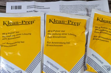 Cairo, Egypt, October 4 2024: Klean Prep sachet powder for oral solution, manufactured by Norgine GmbH, bowel cleansing agent taken usually before colonoscopy, Barium enema and gut surgery clipart