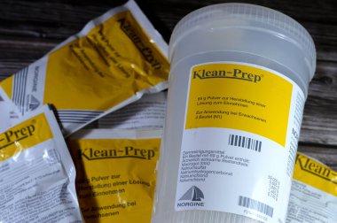 Cairo, Egypt, October 4 2024: Klean Prep sachet powder for oral solution, manufactured by Norgine GmbH, bowel cleansing agent taken usually before colonoscopy, Barium enema and gut surgery clipart