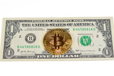 Bitcoin fiziksel altın sikke ile Amerikan dolar banknotu, BTC 1. Merkezi olmayan kripto para birimi, P2P bitcoin ağındaki düğümler işlemleri kriptografi ile doğruladı ve blockchain ile kaydedildi