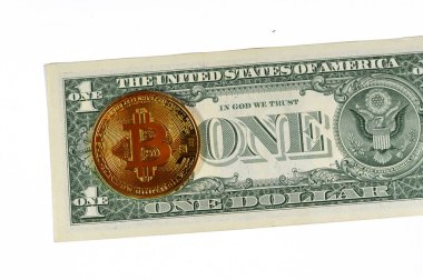 Bitcoin fiziksel altın sikke ile Amerikan dolar banknotu, BTC 1. Merkezi olmayan kripto para birimi, P2P bitcoin ağındaki düğümler işlemleri kriptografi ile doğruladı ve blockchain ile kaydedildi